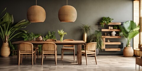 Fototapeta premium Stylish dining room interior incorporating wooden table, design chairs, rattan pendant lamps, tropical leafs in vase, and elegant decoration, inspired by the wabi-sabi concept. Using a template.
