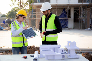 Team young engineer or architect meeting and planning installation solar panel at construction site, engineer talking and discussing with partner for installation solar cell, industry concept. - obrazy, fototapety, plakaty