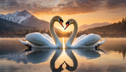 Rolgordijnen Two swans, male and female, create a heart shape with their graceful necks, silhouetted against a breathtaking sunrise © Your Hand Please