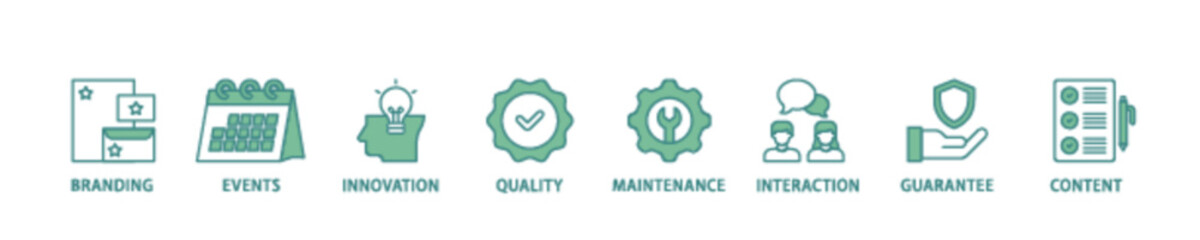 Customer engagement icon set flow process illustrationwhich consists of branding, events, innovation, quality, maintenance, interaction, guarantee, content icon live stroke and easy to edit 