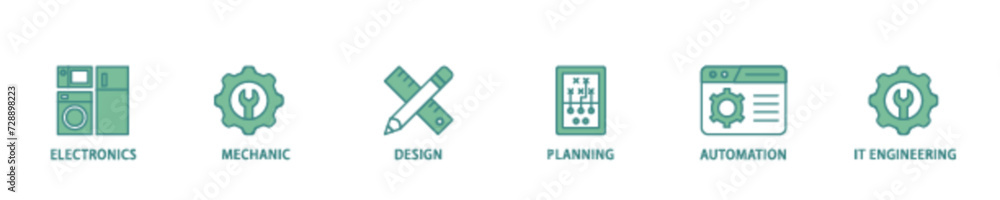 Poster engineering icon set flow process illustrationwhich consists of electronics, mechanic, design, plann