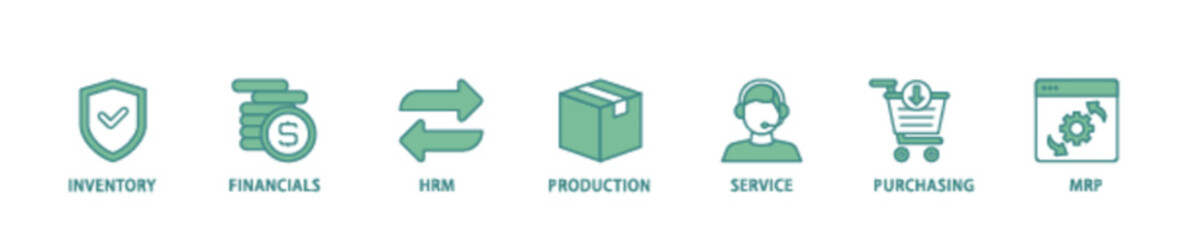 ERP icon set flow process illustrationwhich consists of inventory, financials, hrm, production, service, purchasing, and mrp icon live stroke and easy to edit 