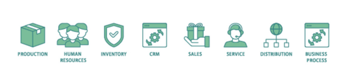 Enterprise resource planning icon set flow process illustrationwhich consists of production, human resources, inventory, crm, sales, service icon live stroke and easy to edit 