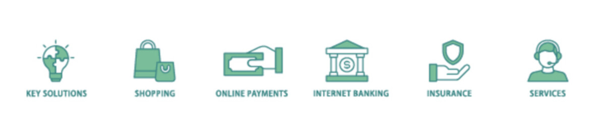 Financial service icon set flow process illustrationwhich consists of key solutions, shopping, online payments, internet banking, insurance and services icon live stroke and easy to edit 