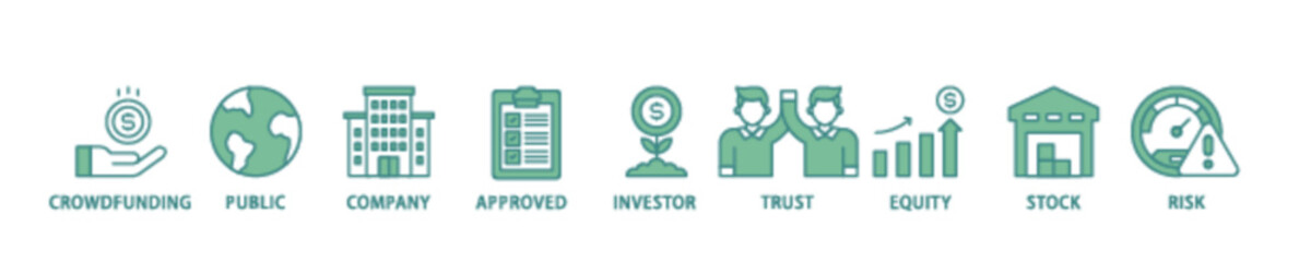 Ipo icon set flow process illustrationwhich consists of crowdfunding, public company, approved, investor, trust, equity, stock and risk icon live stroke and easy to edit 