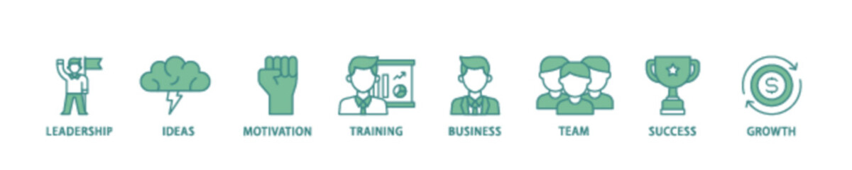 Learn and lead icon set flow process illustrationwhich consists of leadership, ideas, motivation, training, business, team, success, and growth icon live stroke and easy to edit 