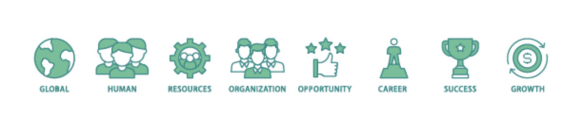 Management icon set flow process illustrationwhich consists of global, human resources, organization, opportunity, career, success and growth icon live stroke and easy to edit 