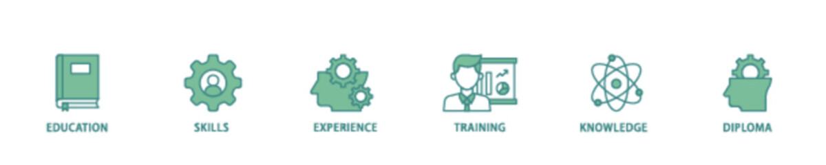 Qualification icon set flow process illustrationwhich consists of education, skills, experience, training, knowledge, and diploma icon live stroke and easy to edit 