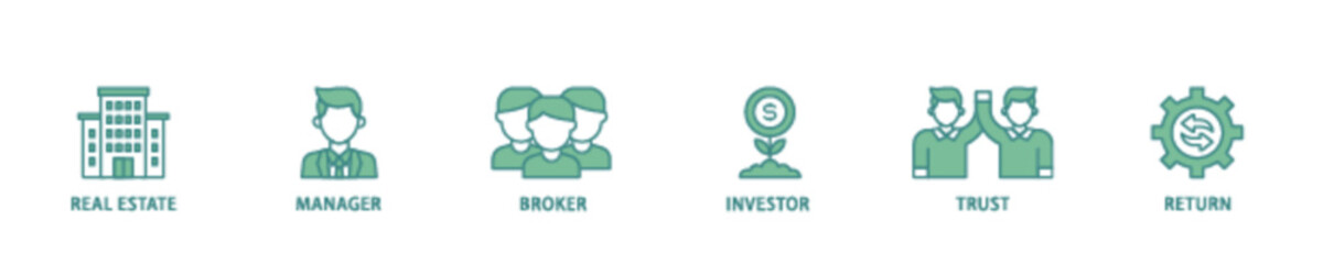 REIT icon set flow process illustrationwhich consists of real estate, manager, broker, investor, trust and return icon live stroke and easy to edit 