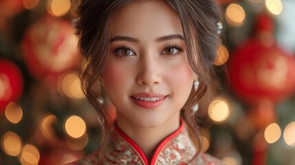 Fototapeta premium A beautiful Asian woman with a Chinese lantern festival as a background.