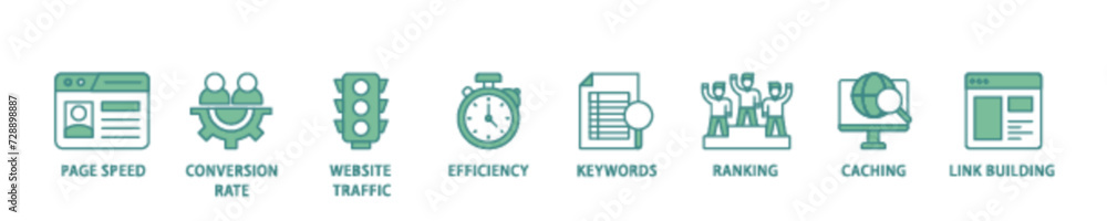 Poster website optimization icon set flow process illustrationwhich consists of page speed, conversion rate