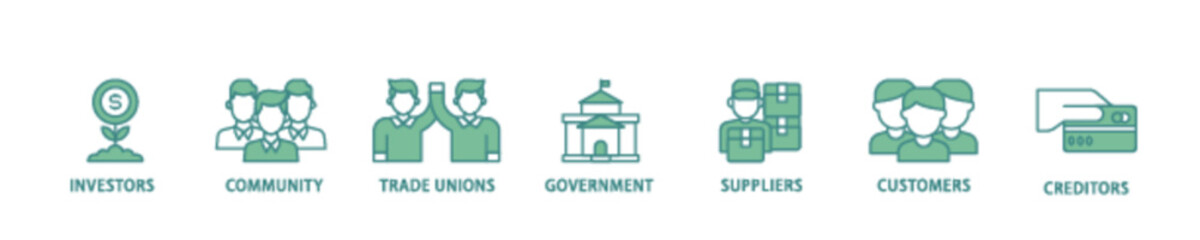 Stakeholder icon set flow process illustrationwhich consists of community, trade unions, suppliers, and customers icon live stroke and easy to edit 