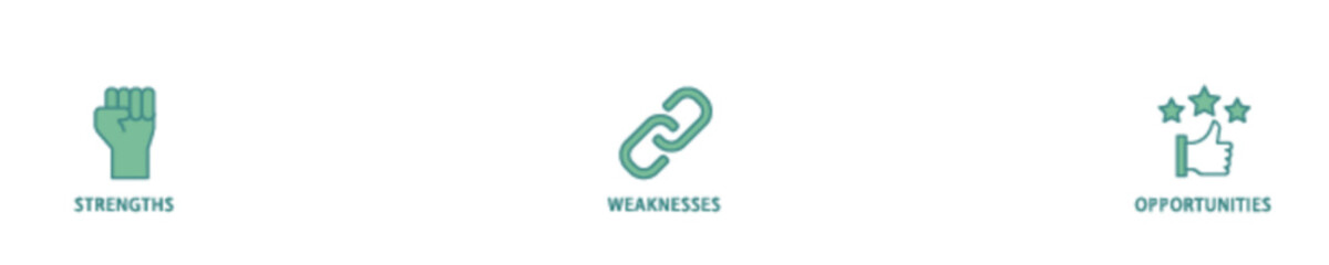 SWOT icon set flow process illustrationwhich consists of value, goal, break chain, low battery, growth, check, minus, and crisis icon live stroke and easy to edit 