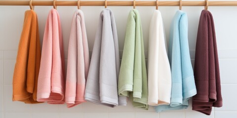 Variety of tidy kitchen towels on rack