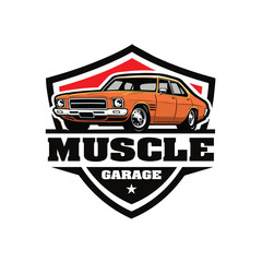 Muscle car garage badge emblem ready made logo vector illustration. Best for mechanic and garage related industry - obrazy, fototapety, plakaty