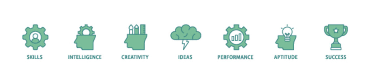 Talent management icon set flow process illustrationwhich consists of skills, intelligence, creativity, ideas, performance, aptitude, and success icon live stroke and easy to edit 