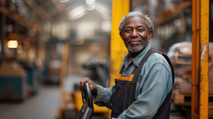 cheerful mature African American print shop warehouse worker posing on camera with pallet jack
 - obrazy, fototapety, plakaty