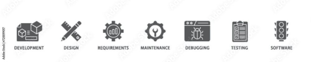 Poster agile icon set flow process illustrationwhich consists of development, design, requirements, mainten