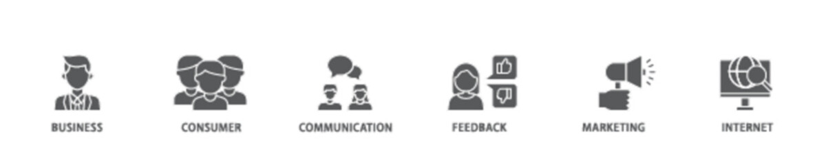 B2C icon set flow process illustrationwhich consists of  business, consumer, communications, feedback, marketing, and internet  icon live stroke and easy to edit 
