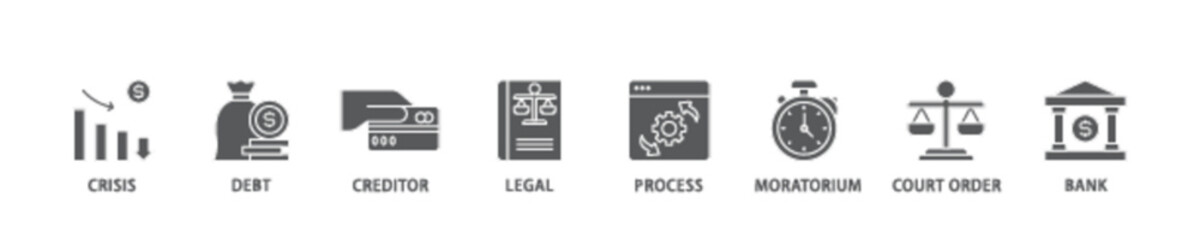 Bankruptcy icon set flow process illustrationwhich consists of bank ,court order, legal, moratorium, process, creditor, debt, crisis icon live stroke and easy to edit 