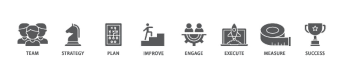 Change management icon set flow process illustrationwhich consists of team, strategy, plan, improve, engage, execute, measure, and success  icon live stroke and easy to edit 