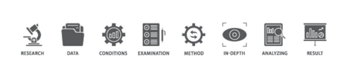 Case study icon set flow process illustrationwhich consists of research, data, conditions, examination, method, in depth, analyzing, and result icon live stroke and easy to edit 