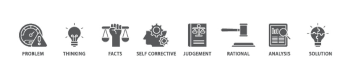 Critical thinking icon set flow process illustrationwhich consists of solution, analysis, self corrective, rational, judgement, facts, thinking, problem icon live stroke and easy to edit 