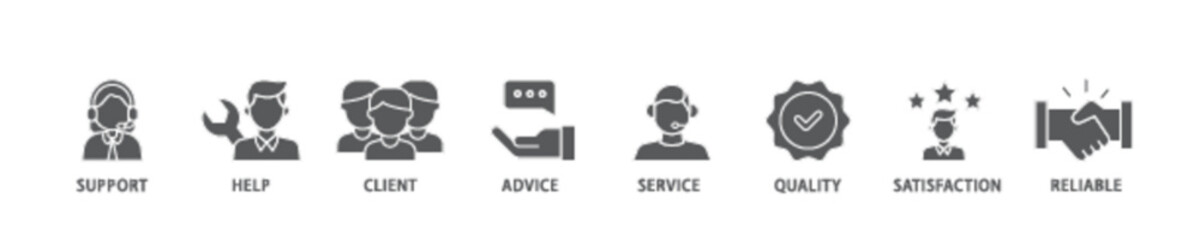 Customer care icon set flow process illustrationwhich consists of help, client, advice, chat, service, reliability, quality, and satisfaction icon live stroke and easy to edit 