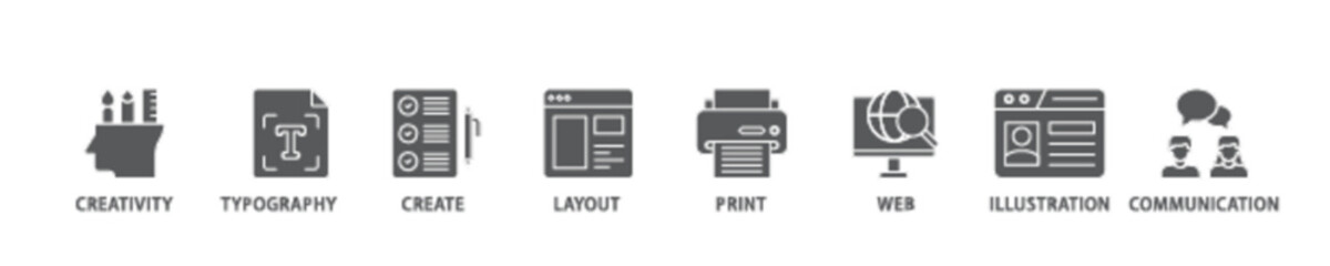 Graphic design icon set flow process illustrationwhich consists of creativity, typography, create, layout, print, web, illustration and communication icon live stroke and easy to edit 