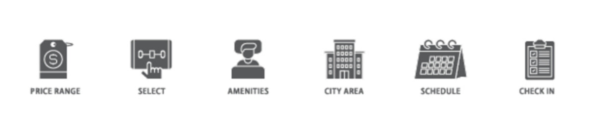 Hotel booking icon set flow process illustrationwhich consists of city area, check in, schedule, amenities, select, price range icon live stroke and easy to edit 