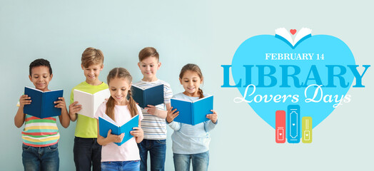 Cute little children reading books on color background