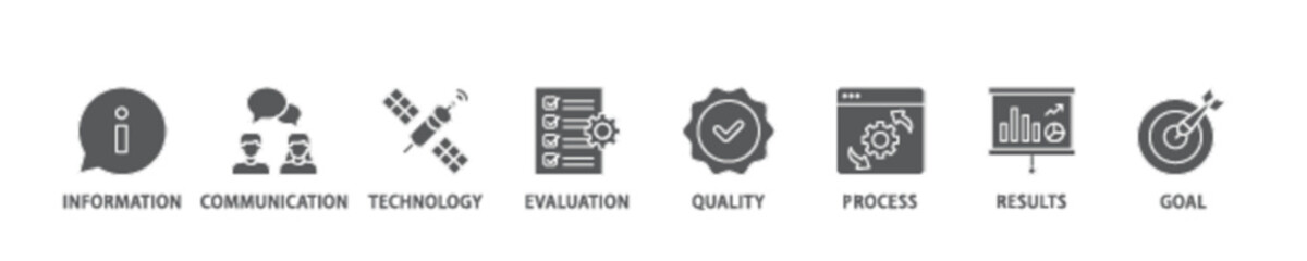 ICT banner web icon illustration concept with icon of antenna, radio, network, website, database, cloud, server, data, electronic, and processor icon live stroke and easy to edit 