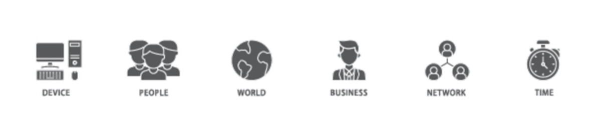Internet of things banner web icon illustration concept with icon of device, people, world, business, network and time icon live stroke and easy to edit 