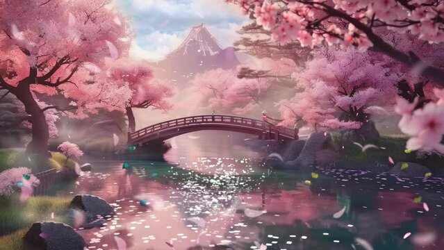 Beautiful fantasy spring nature landscape and cherry blossom tree, bridges and rivers animated background in Japanese anime watercolor painting illustration style. seamless looping video