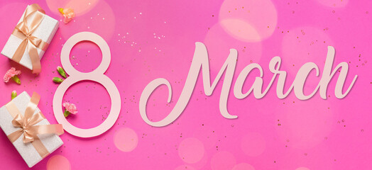 Text 8 MARCH, gift boxes and beautiful flowers on pink background. International Women's Day