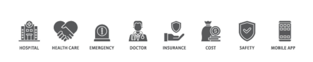 Medical care banner web icon illustration concept with icon of hospital, health care, emergency, doctor, insurance, cost, safety, mobile app icon live stroke and easy to edit 