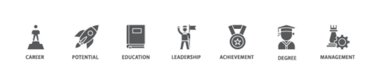 MBA banner web icon illustration concept with icon of career, potential, education, leadership, achievement, degree and management icon live stroke and easy to edit 
