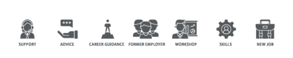 Outplacement banner web icon illustration concept with icon of mer employer, workshop, skills, new job, training, and presentation icon live stroke and easy to edit 