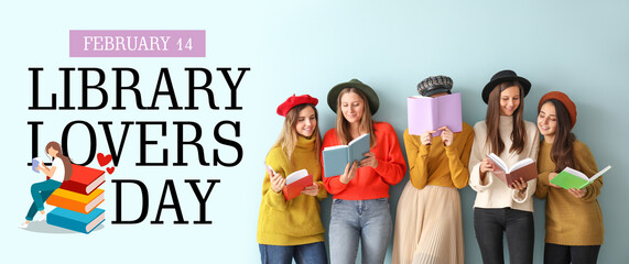 Young women with books on color background