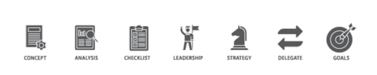 Planning banner web icon illustration concept with icon of concept, analysis, checklist, leadership, strategy, delegate and goals icon live stroke and easy to edit 