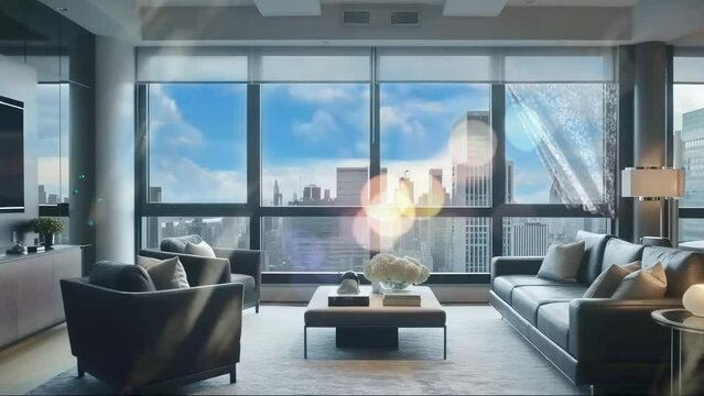Modern living room interior with city view. Cartoon or anime watercolor painting illustration style. Seamless looping virtual video animation background 4K