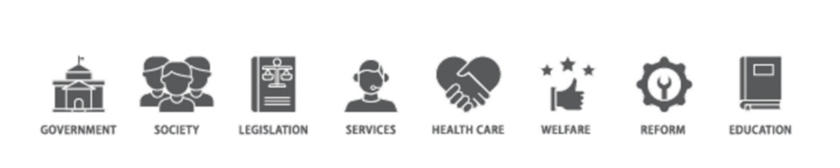 Social policy banner web icon illustration concept with icon of education, reform, services, welfare, health care ,legislation, society, government icon live stroke and easy to edit 
