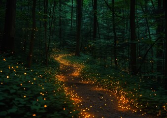 Magical Forest Path Illuminated by Fireflies at Night