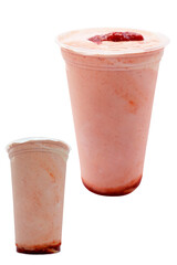 Panoramic still life of colorful frozen fruit granita drinks flowing in plastic takeaway cups with ice cream straws