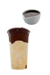 Panoramic still life of colorful frozen fruit granita drinks flowing in plastic takeaway cups with ice cream straws