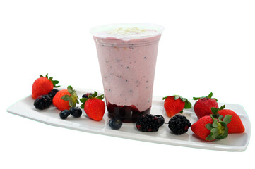 Panoramic still life of colorful frozen fruit granita drinks flowing in plastic takeaway cups with ice cream straws