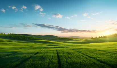 Green field, blue sky, white clouds, beautiful landscape, beautiful green valley, spring grass, - obrazy, fototapety, plakaty