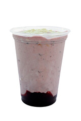 Panoramic still life of colorful frozen fruit granita drinks flowing in plastic takeaway cups with ice cream straws