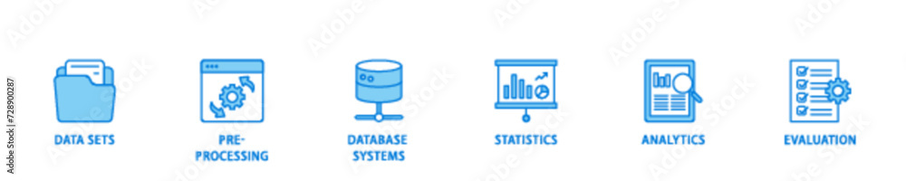 Fototapete data mining icon set flow process illustrationwhich consists of data sets, pre processing, database 