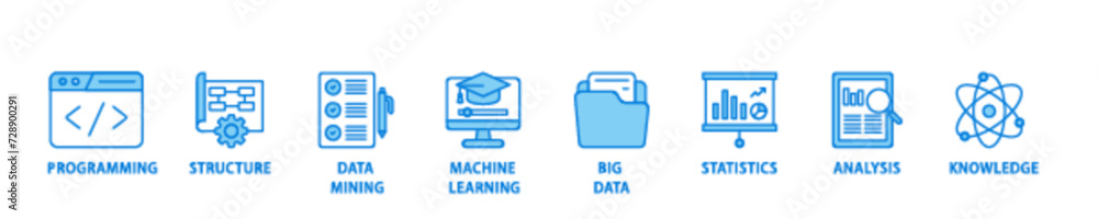 Poster data science icon set flow process illustrationwhich consists of data, classification, analyze, stat